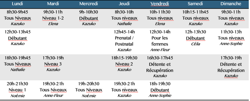 horaires hiver SAMYAMA Yoga